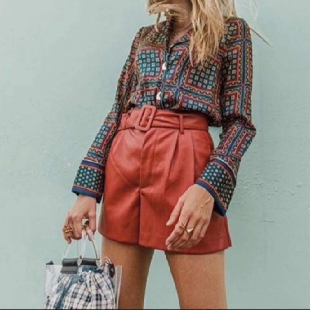 NWT Zara Faux Leather Burnt Orange Belted Shorts